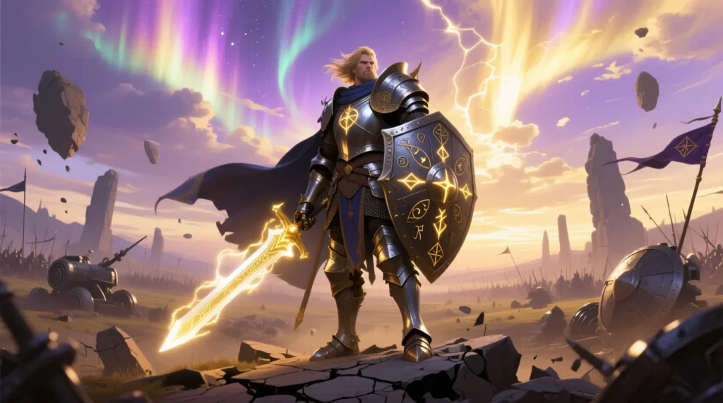 A heroic DnD warrior in full armor standing in bright light, inspired by Paladin Names DnD and classic fantasy paladin names.