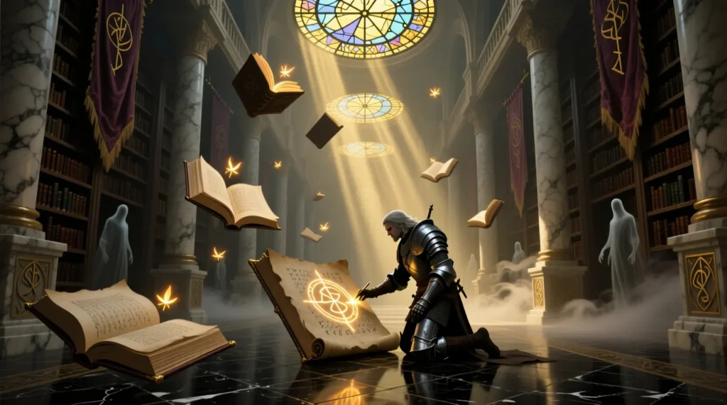 A paladin reading ancient scrolls in a glowing library, showing Paladin Names meaning and origins linked to classic paladin names.