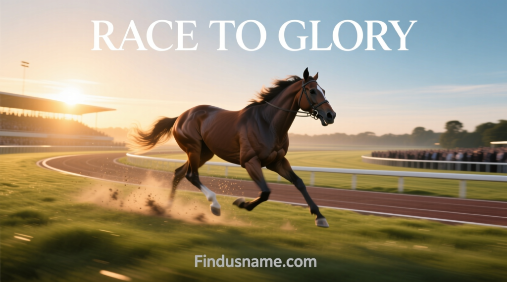 Race track image showing strong horses with race horse names ideas and funny horse names inspiration for racing fans
