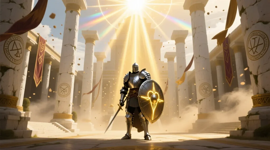 A radiant holy knight standing in a bright temple courtyard, symbolizing Sacred Paladin Names and traditional paladin names.
