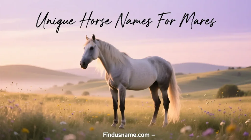 Unique horse names for mares shown through a graceful female horse in a peaceful meadow setting.