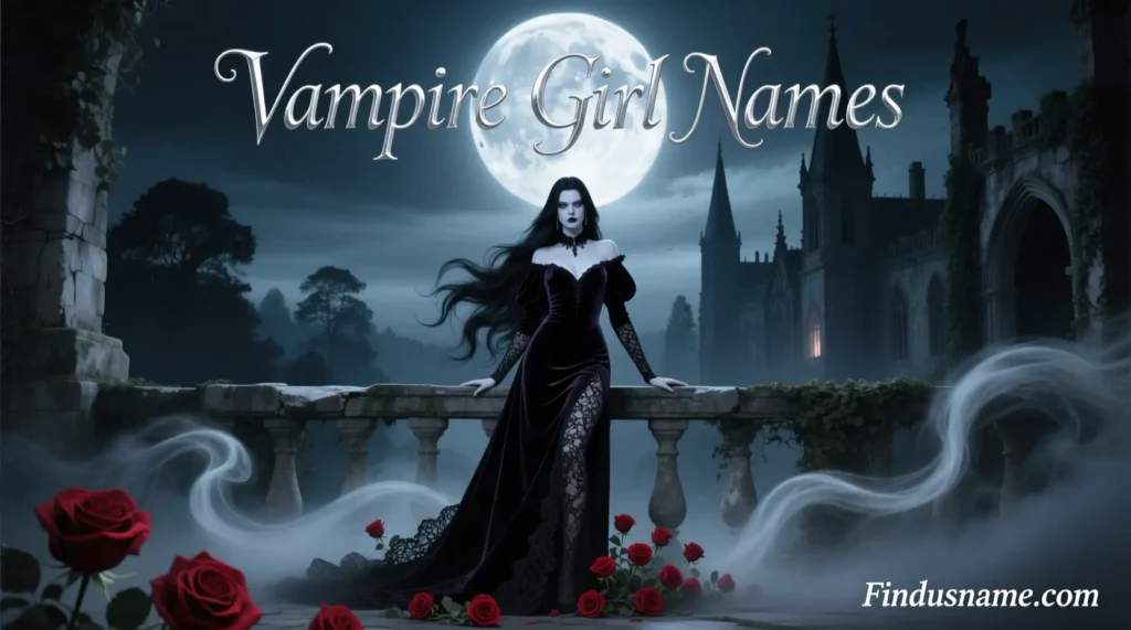 780+ Dark and Powerful Vampire Names for Epic Characters 2 Vampire Names inspired by elegant vampire girl characters in a gothic moonlit setting.