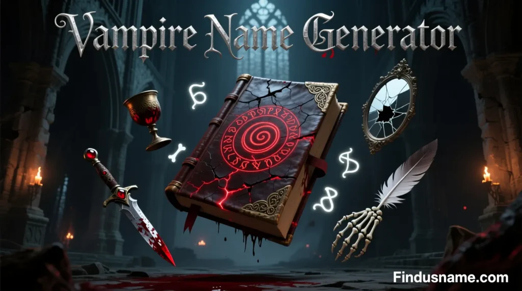 780+ Dark and Powerful Vampire Names for Epic Characters 5 Vampire Names visualized through a magical vampire name generator book with dark fantasy effects.