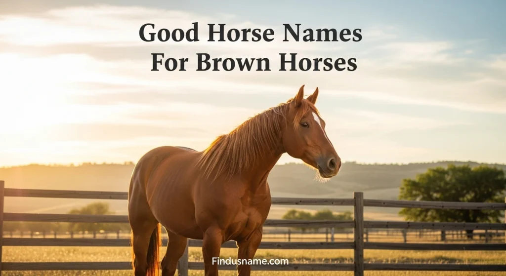 460+ Powerful and Beautiful Brown Horse Names That Truly Stand Out 2 Strong brown horse on a ranch showing classic brown horse names that suit gentle and bold horses.