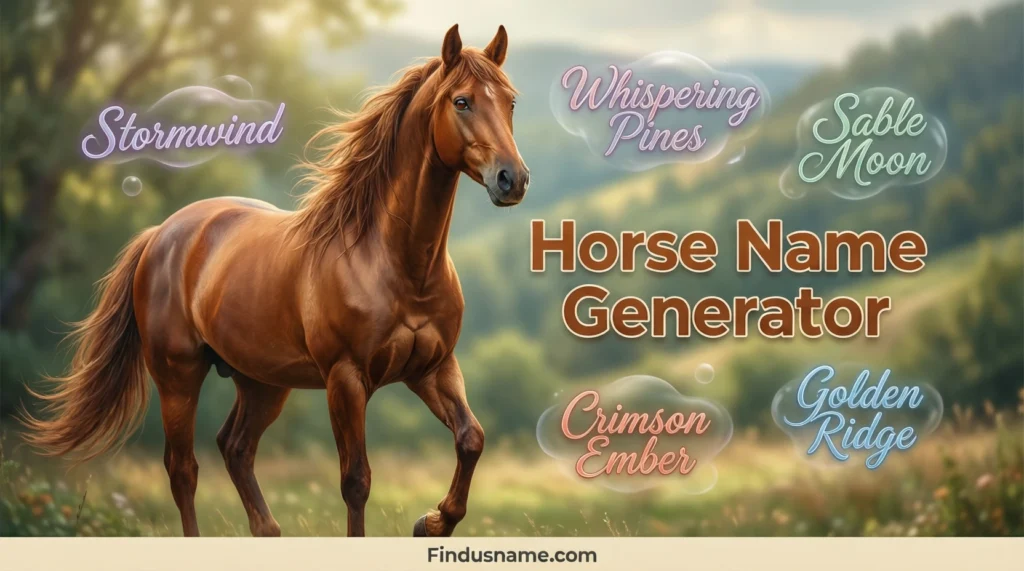 Horse name generator image showing creative name ideas created with a horse naming generator for easy and unique horse naming