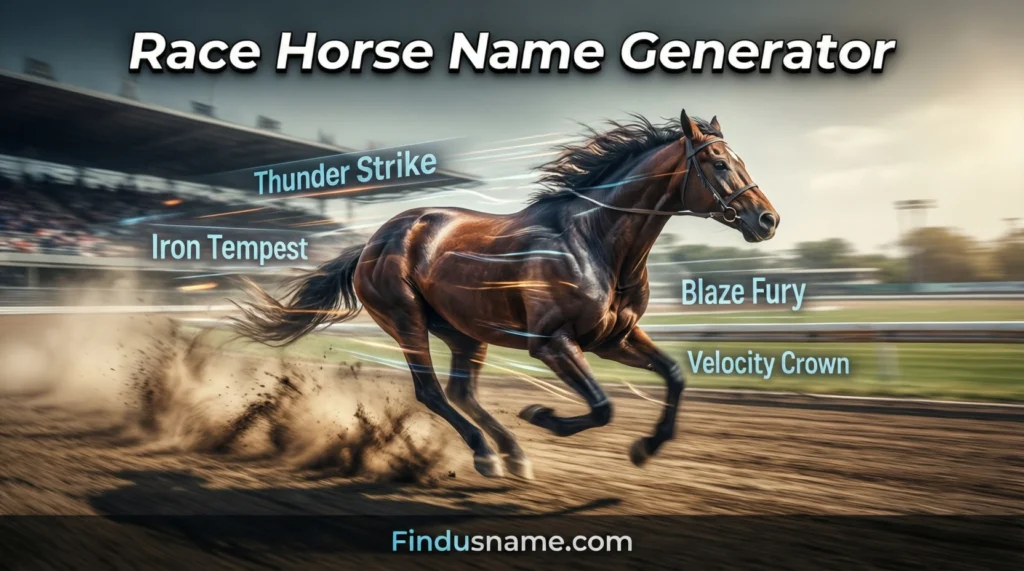 Race horse name generator image designed for speed inspired naming using a horse naming generator for racing horses