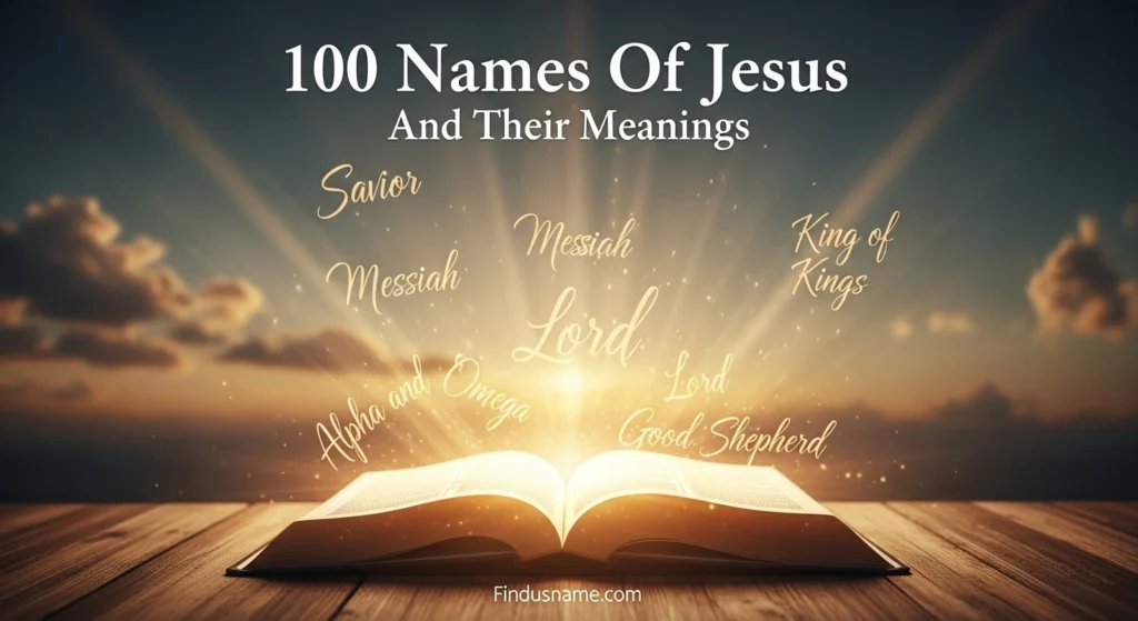 620+ Powerful Biblical Titles and Meanings of Names of Jesus 1 Open Bible with heavenly light representing names of Jesus and their meanings in a peaceful spiritual setting.