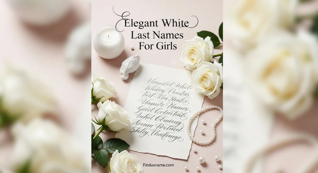 Soft pastel parchment with roses showing elegant white last names for girls and classy white last names ideas.