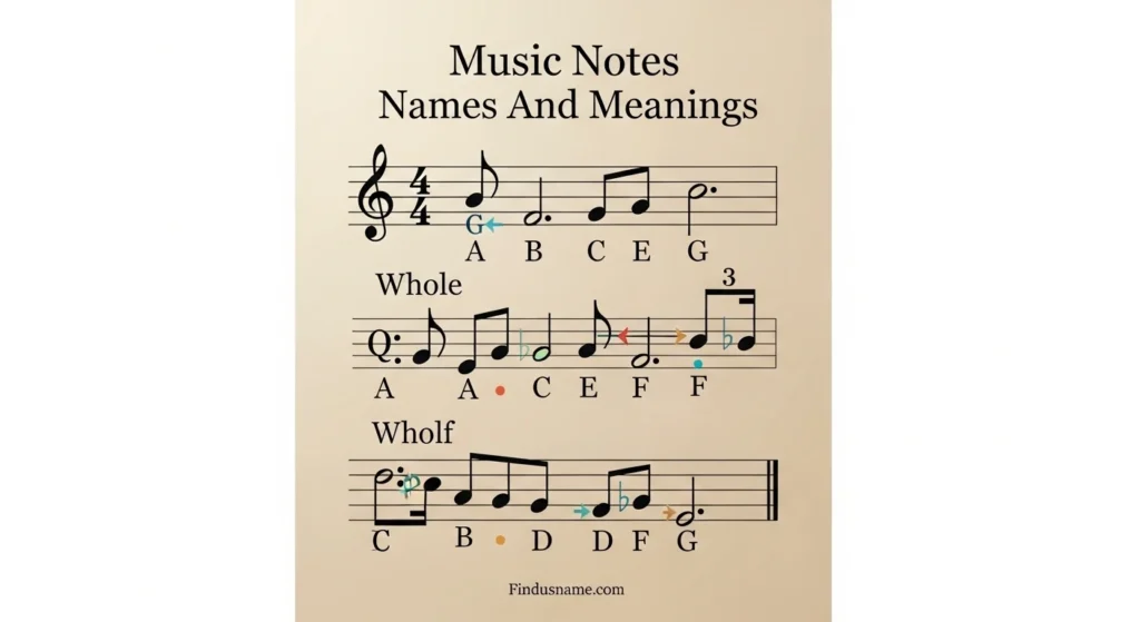 Infographic style image explaining music notes names and meanings with visual note placement.
