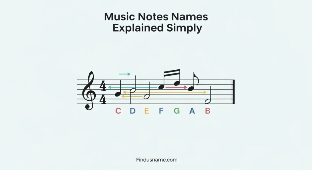 Simple educational image explaining music notes names in an easy beginner friendly way.