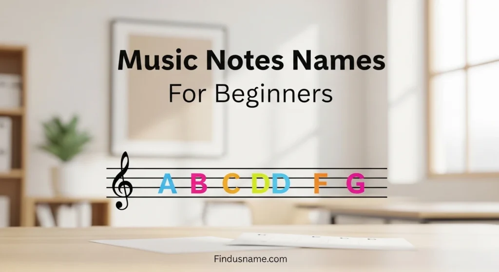 Illustration showing music notes names for beginners with labeled notes on a staff in a simple learning layout.