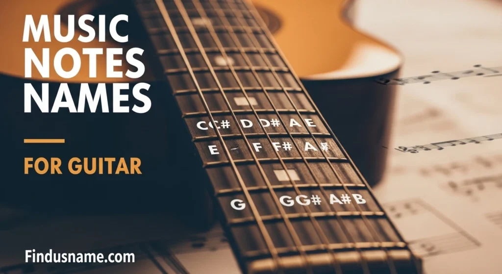 Educational image explaining music notes names for guitar using fretboard and staff visuals.