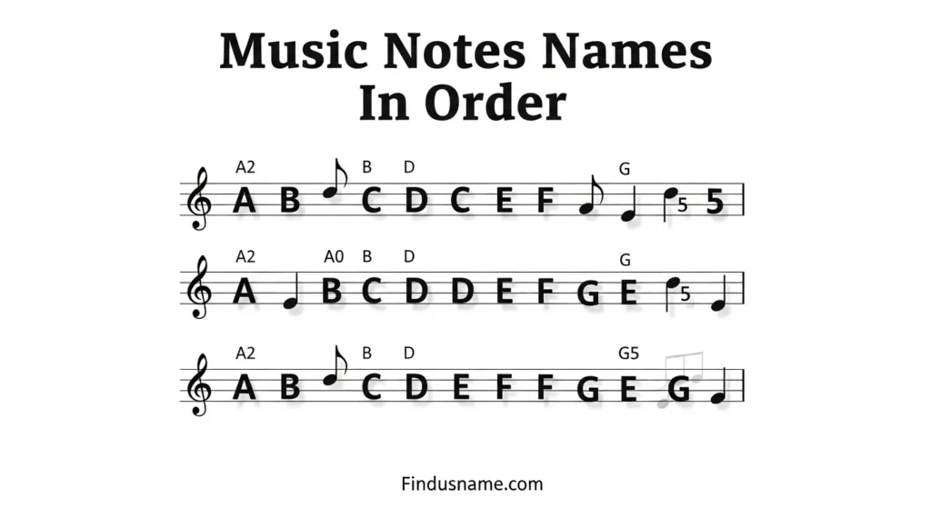 Visual chart explaining music notes names in order using clear labeled notes on a music staff.