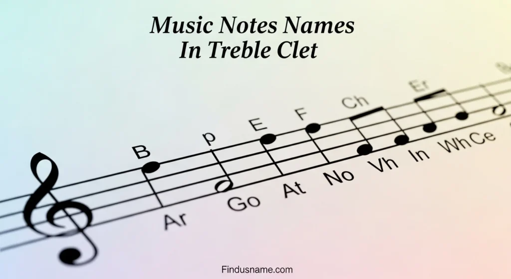Diagram displaying music notes names in treble clef with clear note positions.
