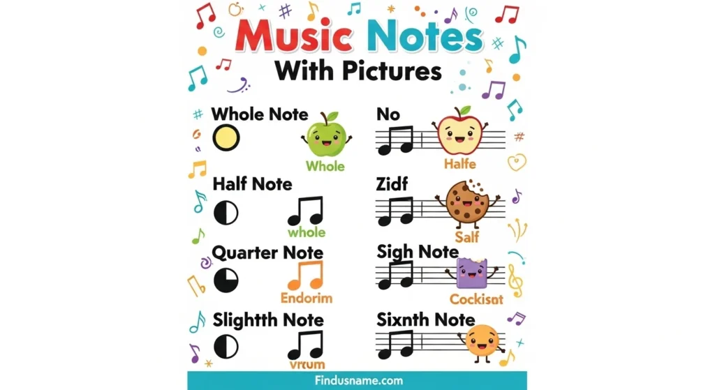 Colorful visual guide showing music notes names with pictures for easy learning.