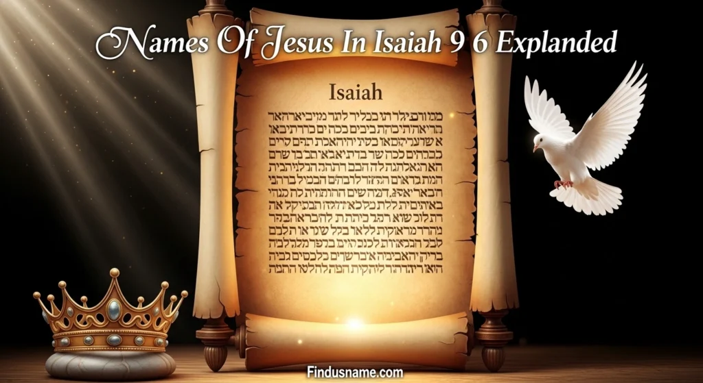 620+ Powerful Biblical Titles and Meanings of Names of Jesus 2 Ancient scroll with glowing scripture showing names of Jesus from Isaiah 9 6 in a sacred setting.