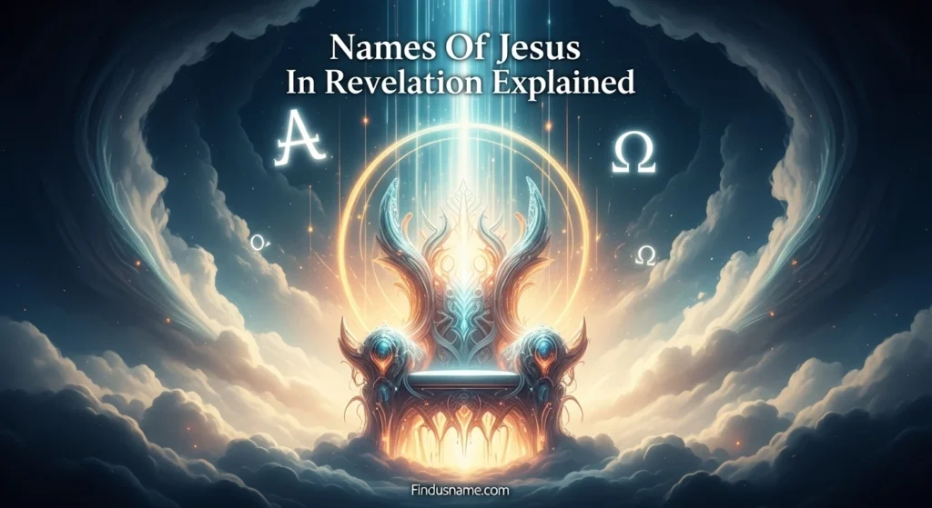 620+ Powerful Biblical Titles and Meanings of Names of Jesus 4 Heavenly throne and glowing symbols representing names of Jesus in Revelation explained visually.