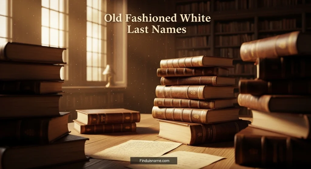 Antique books and historic library scene symbolizing old fashioned white last names and vintage white last names from European history.
