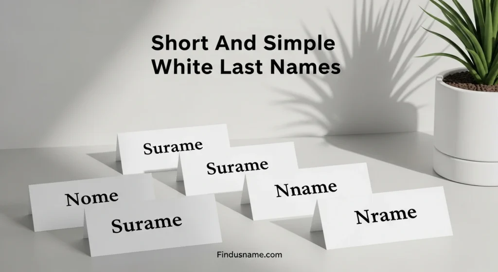 Minimal white desk layout showing short and simple white last names written clearly on cards for easy surname ideas.