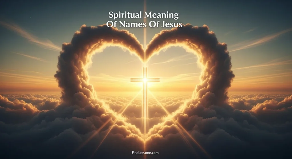 620+ Powerful Biblical Titles and Meanings of Names of Jesus 6 Radiant cross in glowing clouds showing spiritual meaning of names of Jesus in a heavenly scene.
