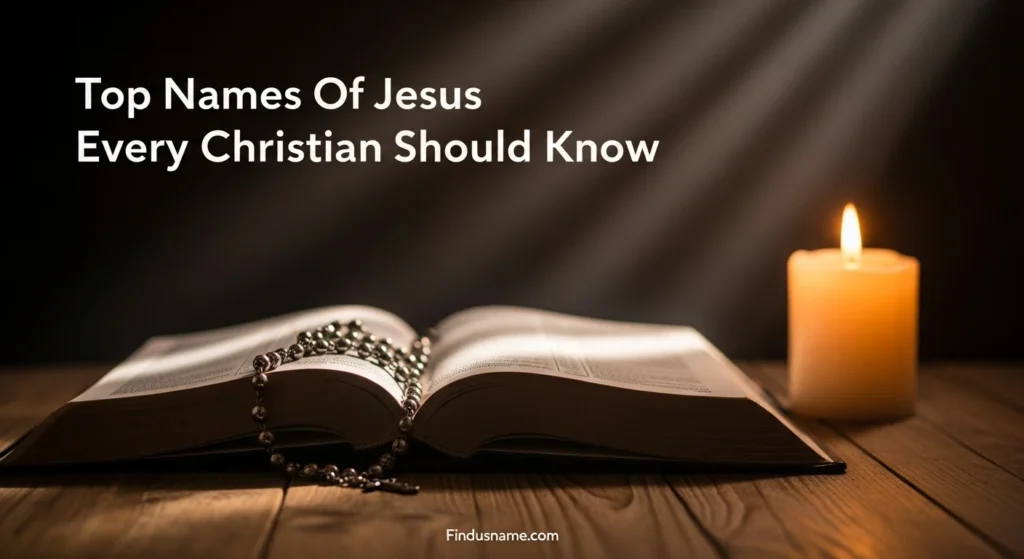 620+ Powerful Biblical Titles and Meanings of Names of Jesus 5 Bible and candle devotional scene highlighting top names of Jesus every Christian should know.