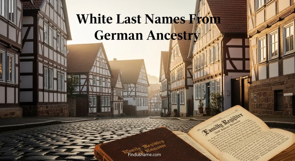 Traditional German village scene highlighting white last names from German ancestry and historic European white last names.